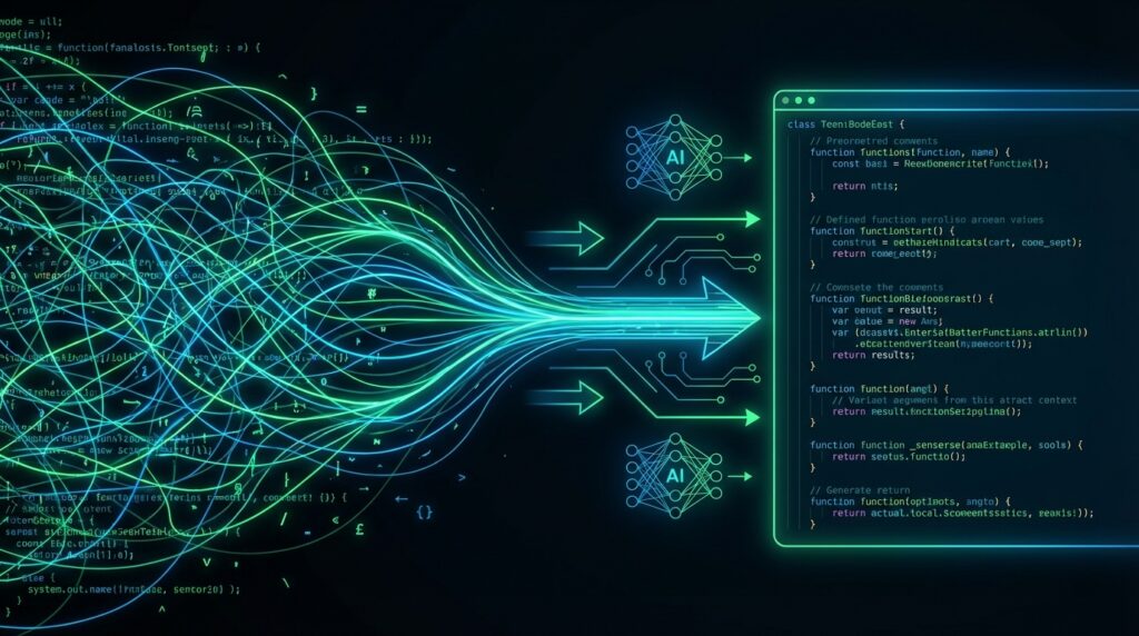 AI-powered code refactoring transforming messy code into clean code