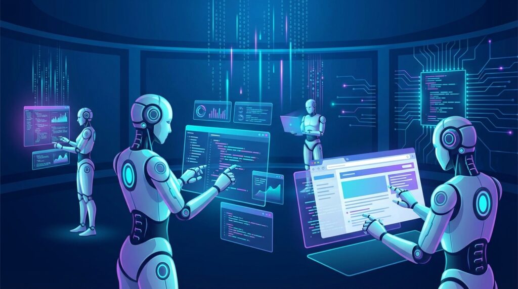 Multiple AI coding agents working on holographic screens with code and browsers