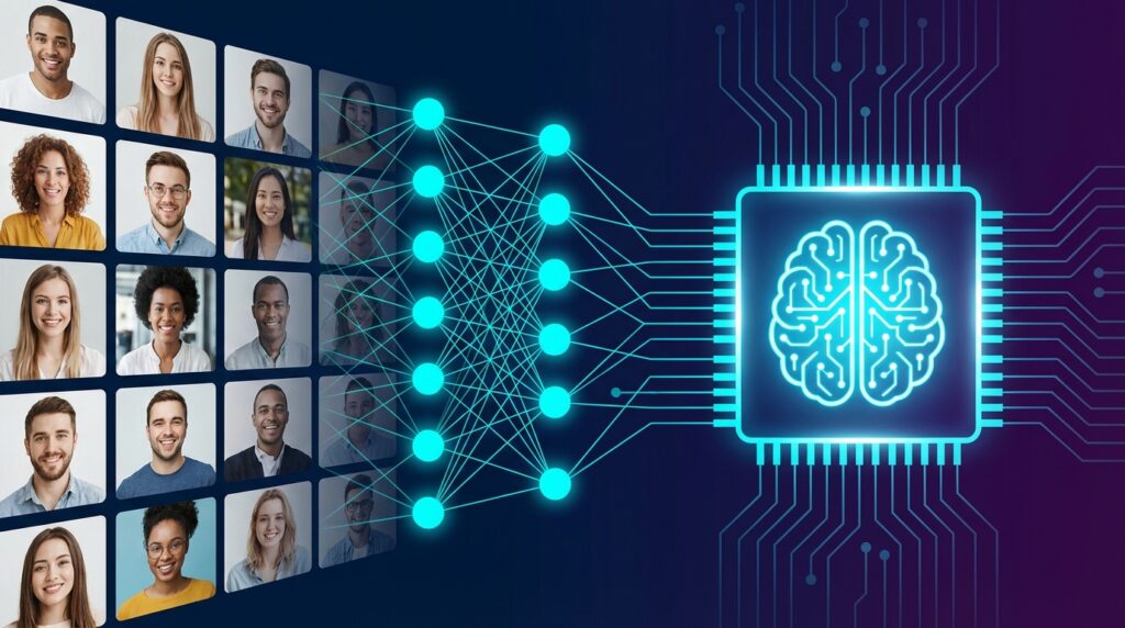 AI neural network processing photos into a trained LoRA model
