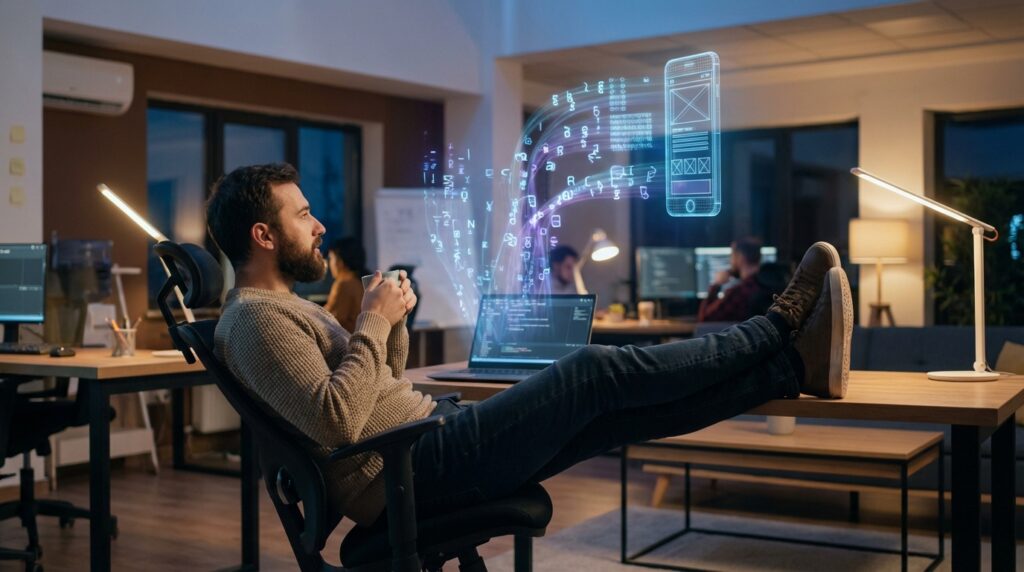 Developer using AI vibe coding in modern office with holographic code streams