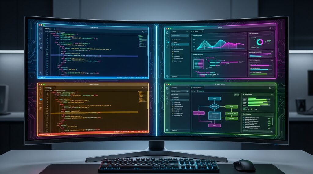 Multiple code editors and AI tools shown side by side