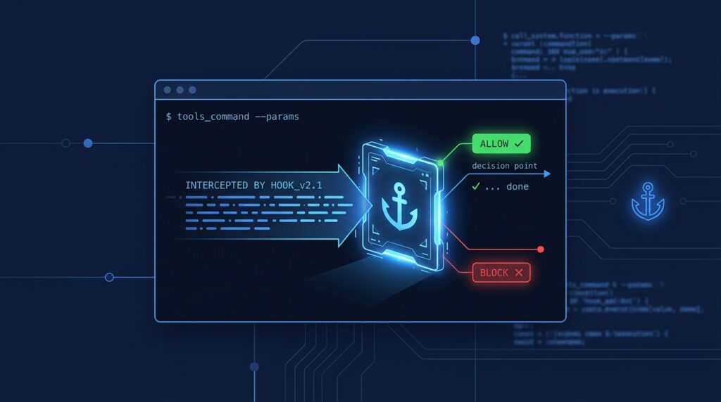 Claude Code hooks intercepting a tool call with allow and block decisions