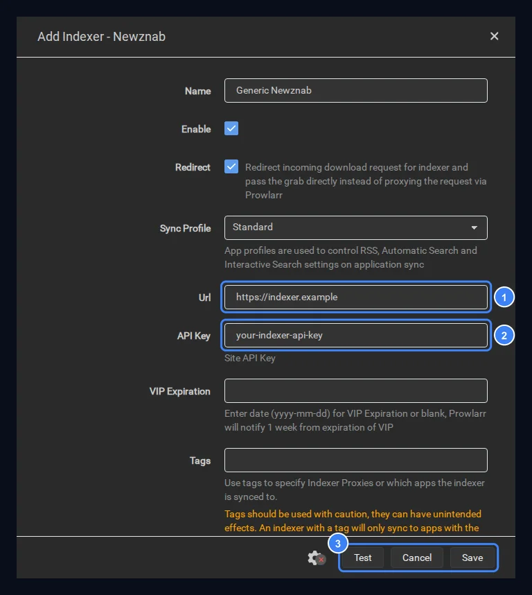 Prowlarr Add Indexer - Newznab dialog with a placeholder URL and placeholder API key filled in, and the Test, Cancel and Save buttons highlighted.