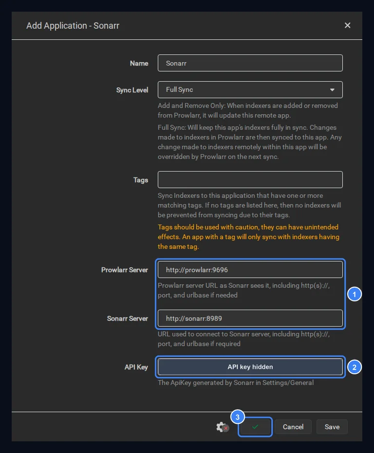 Prowlarr Add Application - Sonarr form with Sync Level Full Sync, Prowlarr Server http://prowlarr:9696, Sonarr Server http://sonarr:8989, the API key hidden, and a green check mark on the test button.
