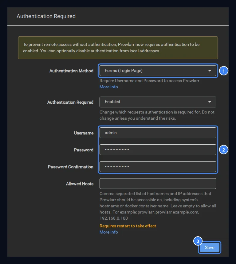 Prowlarr Authentication Required dialog with Authentication Method Forms (Login Page), Authentication Required Enabled, a username and masked password fields, and a Save button.