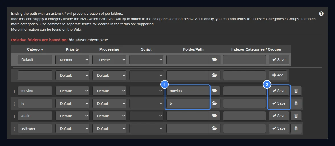 SABnzbd Categories table where the movies row has Folder/Path movies and the tv row has Folder/Path tv, with each row's Save button highlighted.