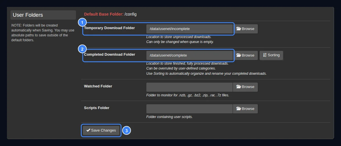 SABnzbd Folders settings with Temporary Download Folder set to /data/usenet/incomplete and Completed Download Folder set to /data/usenet/complete, with the Save Changes button highlighted.