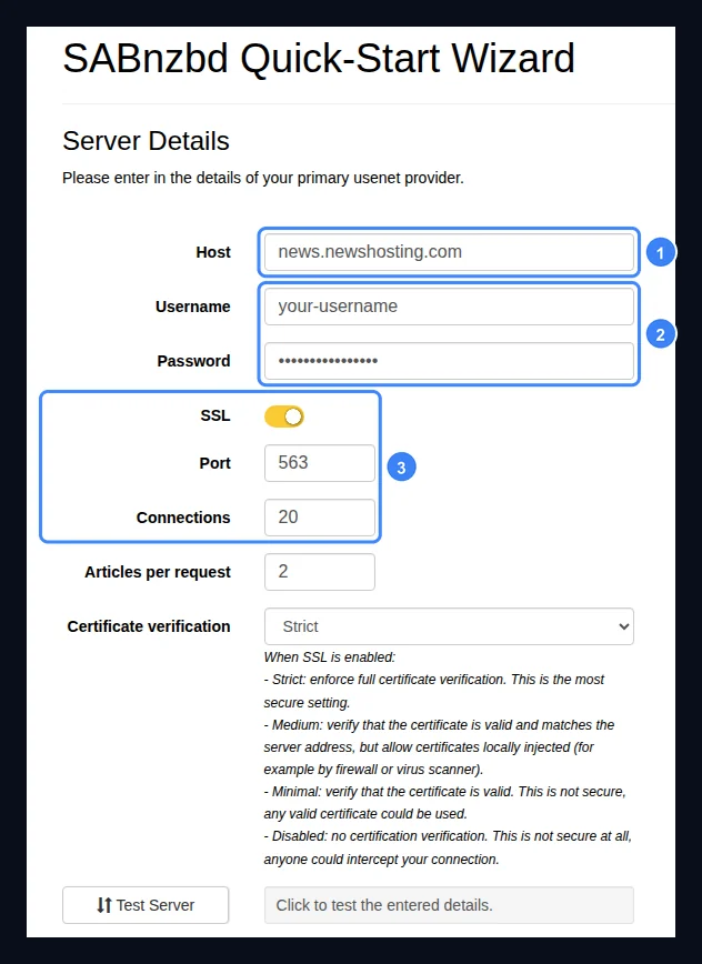 SABnzbd Quick-Start Wizard Server Details form with Host news.newshosting.com, a placeholder username, a masked password, SSL switched on, Port 563 and Connections 20.