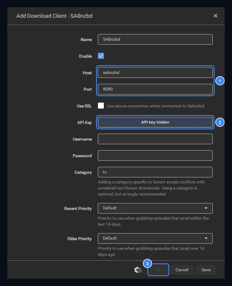 Sonarr Add Download Client - SABnzbd form with Host sabnzbd, Port 8080, the API key hidden, Category tv, and a green check mark on the test button.