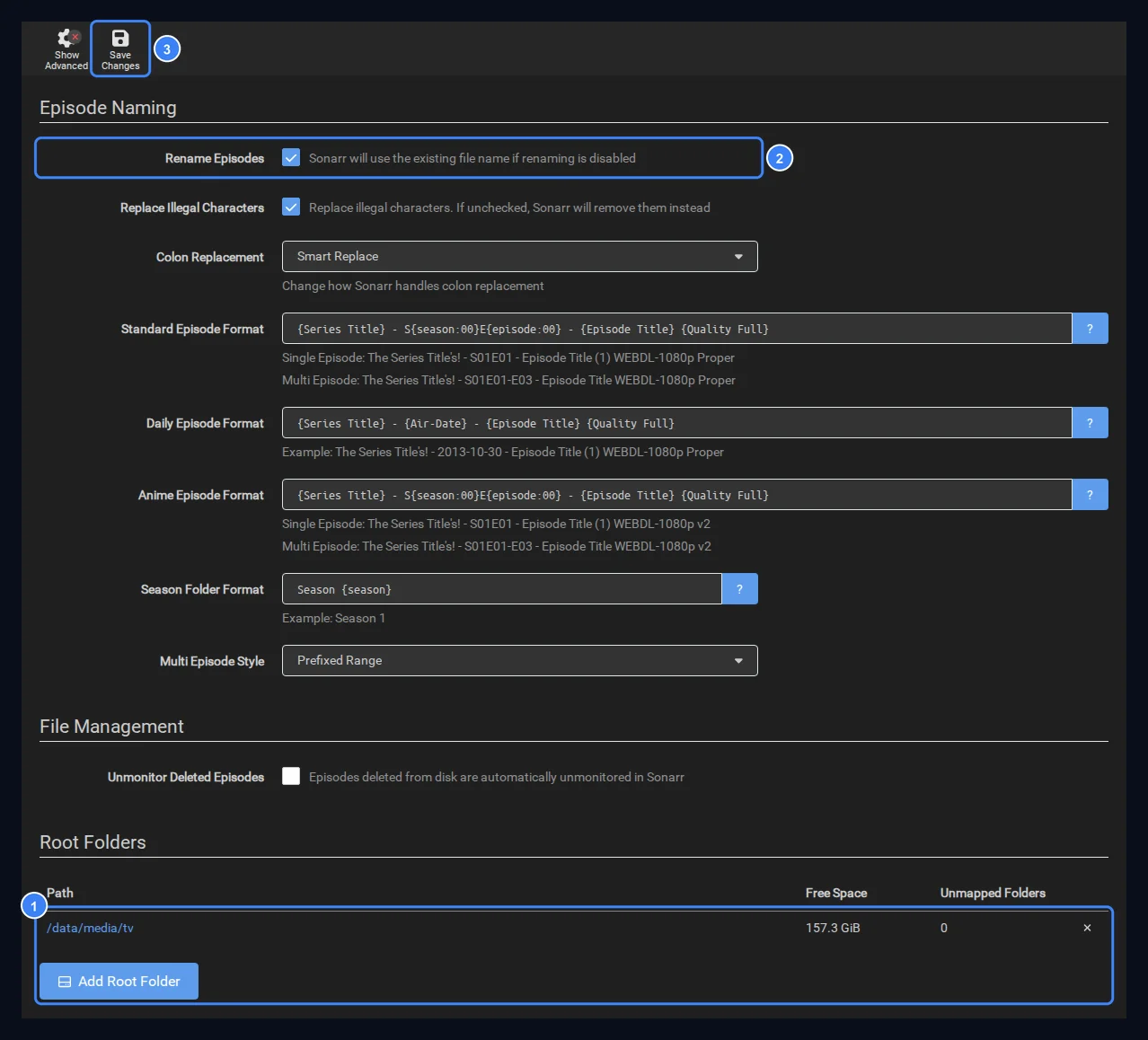Sonarr Media Management settings with Rename Episodes ticked, the Root Folders table listing /data/media/tv, and the Save Changes button in the toolbar.